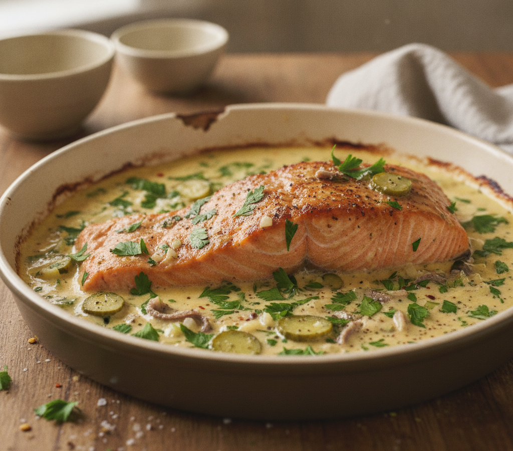 AI-generated image of Baked Salmon with Colbert Sauce